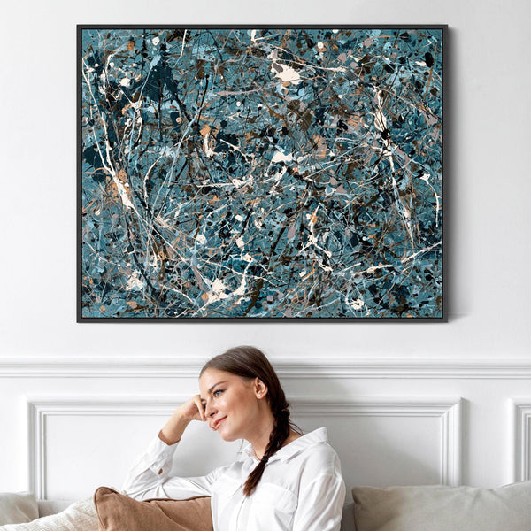 Large Teal Blue Abstract Splash Framed Wall Canvas - Ecstatic