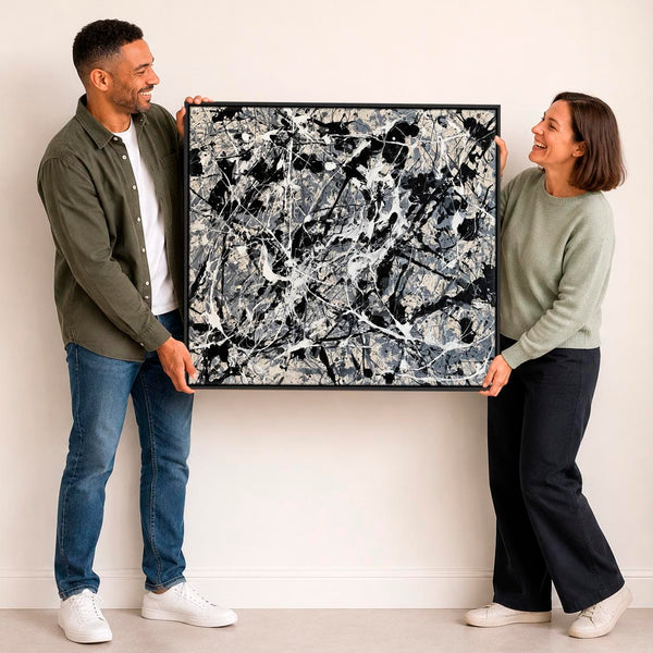 Neutral Beige Grey Jackson Pollock Style Framed Canvas - Swarm