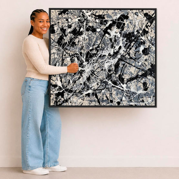 Neutral Beige Grey Jackson Pollock Style Framed Canvas - Swarm