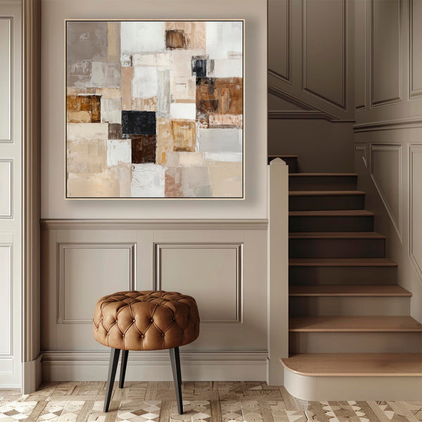 Large Square Brown Cream Framed Canvas Artwork - Oak & Ivory