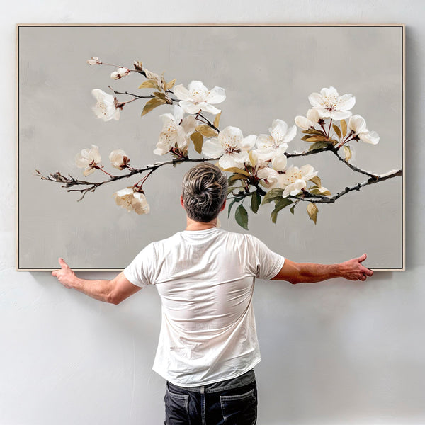 Large Cream Grey Framed Scandi Canvas Wall Art Spring Blossom