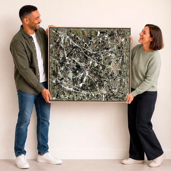 Olive Sage Green Abstract Framed Canvas - Jackson Pollock Style