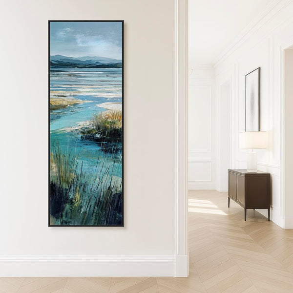 Tall Teal Blue Framed Beach Landscape on Canvas - Serenity
