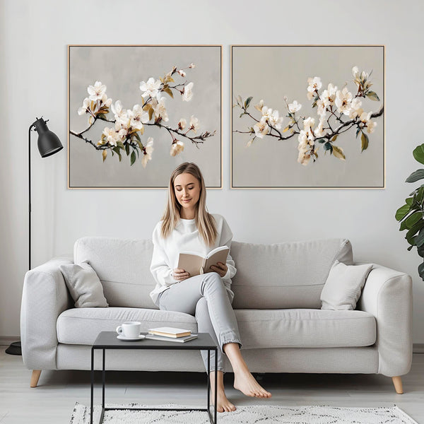 Extra Large Neutral Cream Scandi Framed Pair Canvas Art set 2