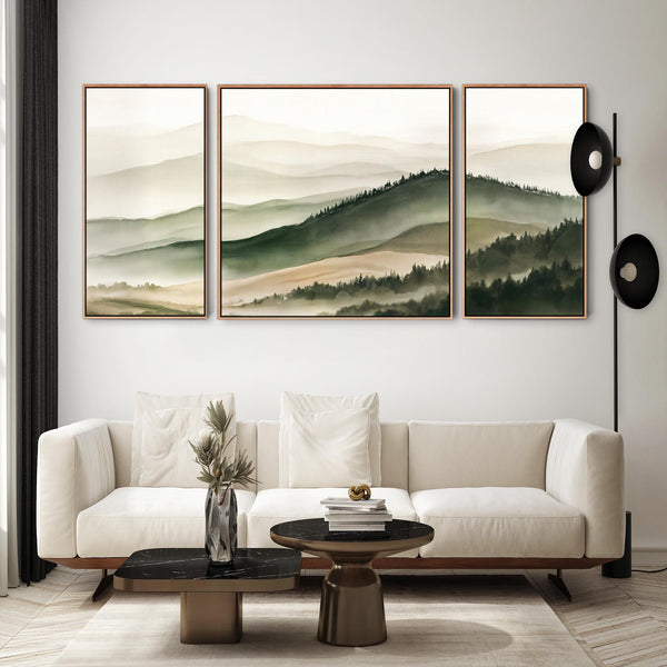Extra Large Set 3 Framed Canvases Highland Green Misty Forest