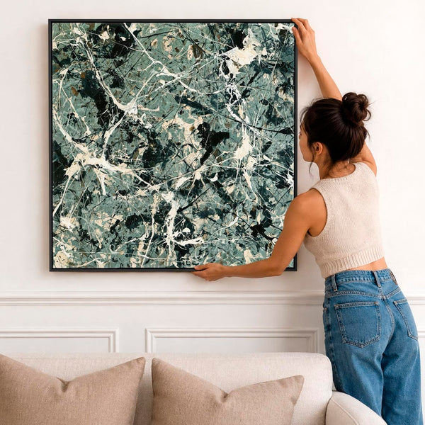 Green Abstract Framed XL Artwork Canvas - Jackson Pollock Style
