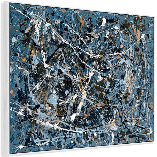 Teal Blue Abstract Framed Canvas Picture Jackson Pollock Style