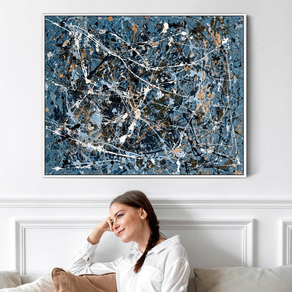 Teal Blue Abstract Framed Canvas Picture Jackson Pollock Style