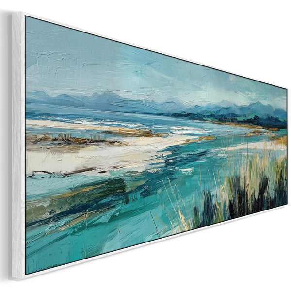 Wide Teal Blue Framed Beach Wall Art on Canvas - Coastal Calm