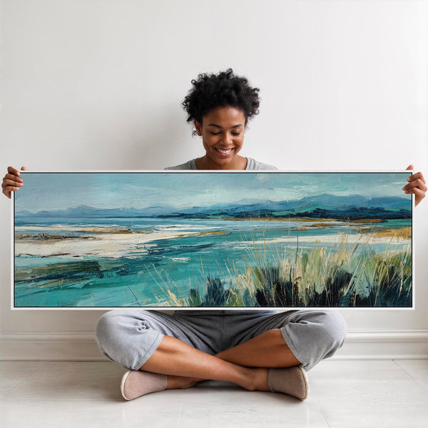 Wide Teal Blue Framed Beach Wall Art on Canvas - Coastal Calm