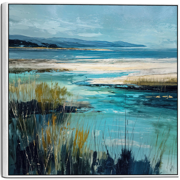 Teal Blue Green Framed Scottish Landscape Canvas - Beach View
