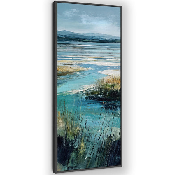 Tall Teal Blue Framed Beach Landscape on Canvas - Serenity
