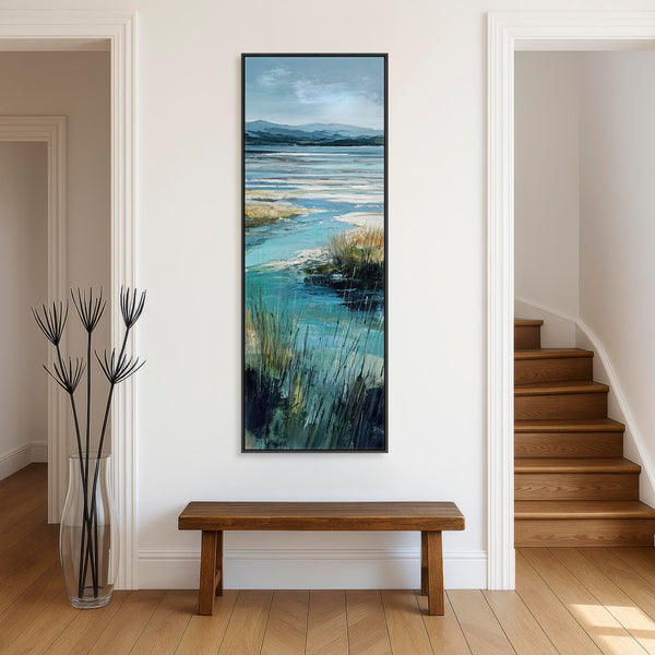 Tall Teal Blue Framed Beach Landscape on Canvas - Serenity