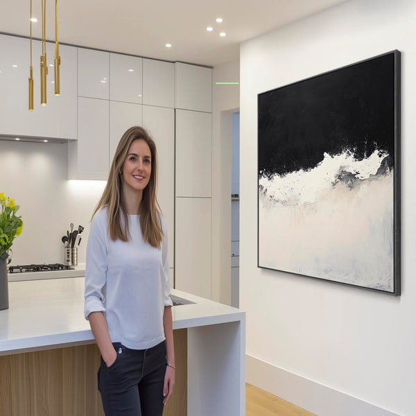 Neutral Beige Black Framed Square Artwork Canvas Cream Tide