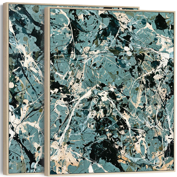 Large Framed Set of 2 Canvas Teal Green Jackson Pollock Style