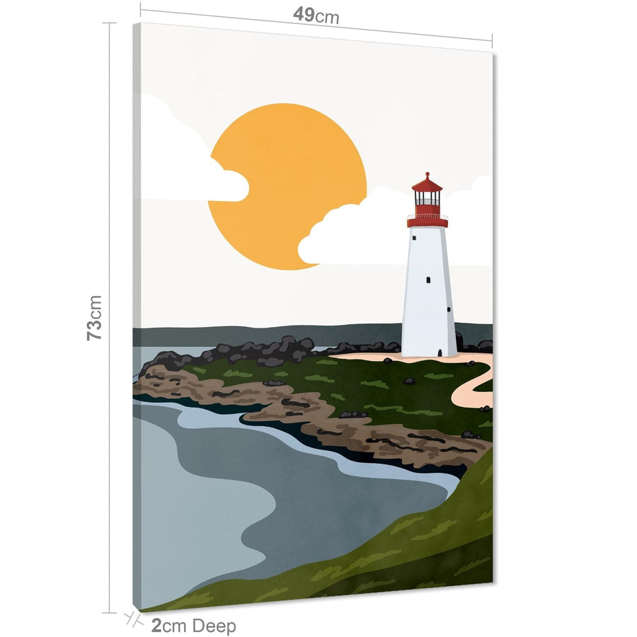 Red Coastline & Lighthouse Landscape Canvas Art Prints Mustard Green
