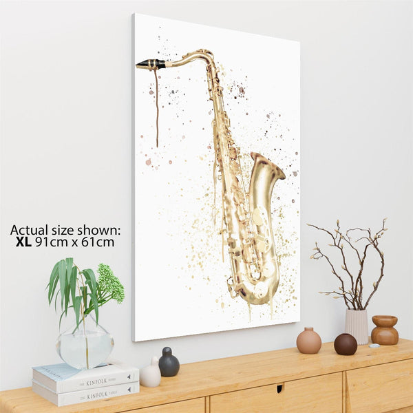 Saxaphone Canvas Wall Art Print Gold White Music Themed