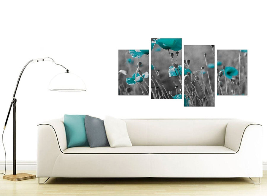 Teal Poppy Grey Black Poppies Flower Floral Canvas - 4 Part Set - 130cm - 4139