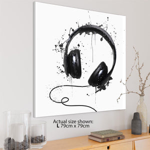 Headphones Canvas Wall Art Picture Black and White Music Themed
