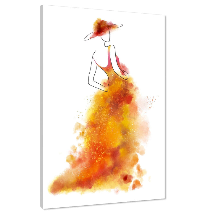 Orange Fashion Canvas Wall Art Print Woman in Long Dress and hat - 1RP1384M