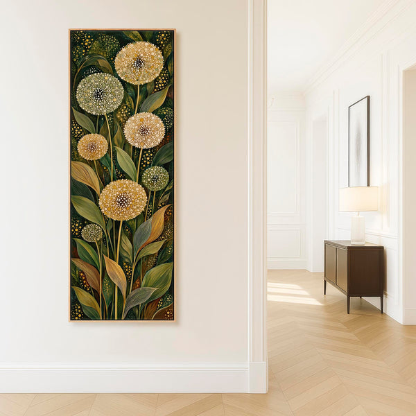 Tall Green Cream Framed Canvas Art Dandelion Botanical Floral