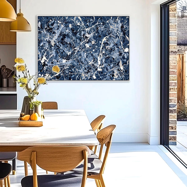 Dark Navy Blue White Framed Wall Art - Jackson Pollock Style
