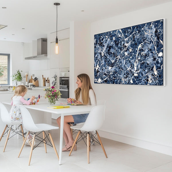 Dark Navy Blue White Framed Wall Art - Jackson Pollock Style