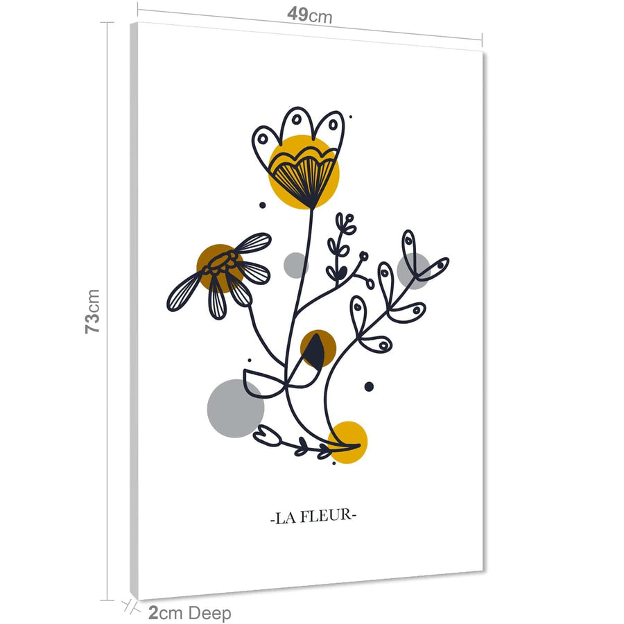 Mustard Yellow Grey Flowers Abstract Design Floral Canvas Wall Art Picture