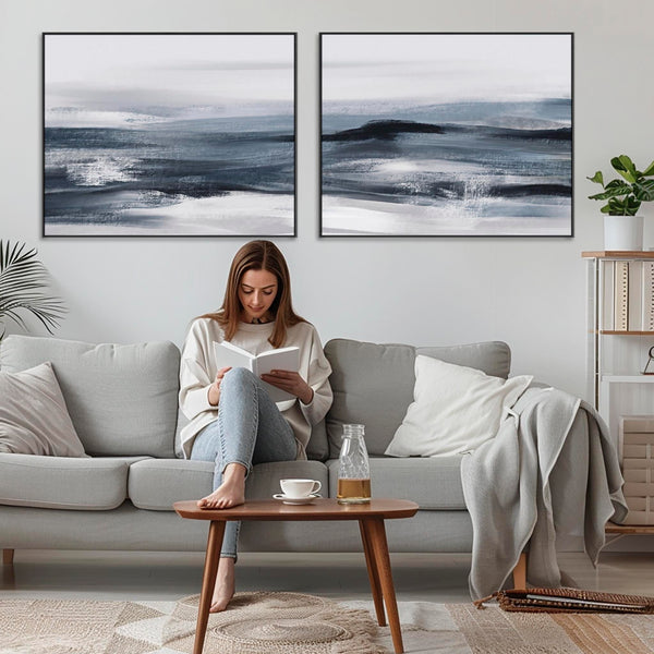 Extra Large Blue Grey Abstract Framed Wall Decor Canvas Prints Deep Ocean