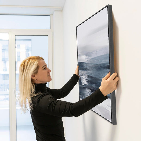 Extra Large Blue Grey Abstract Framed Wall Art Canvas - Deep Ocean Tide