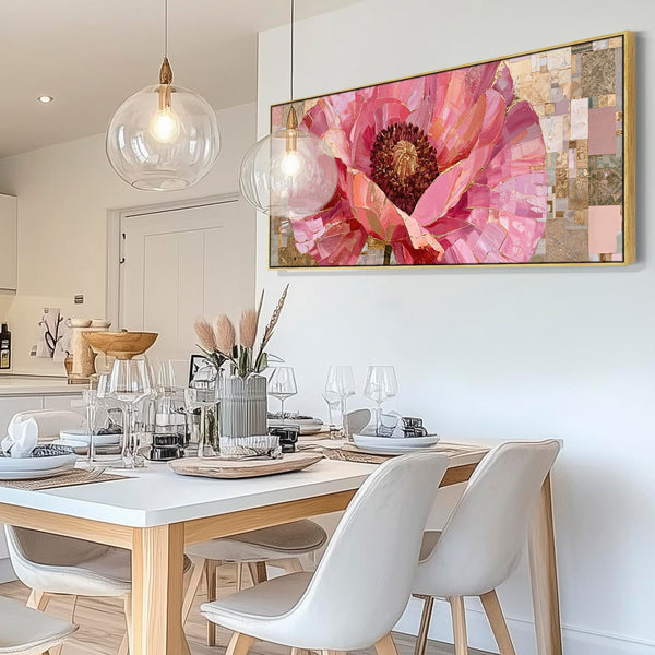 Wide Pink Gold Cream Floral Bedroom Framed Canvas for Over bed