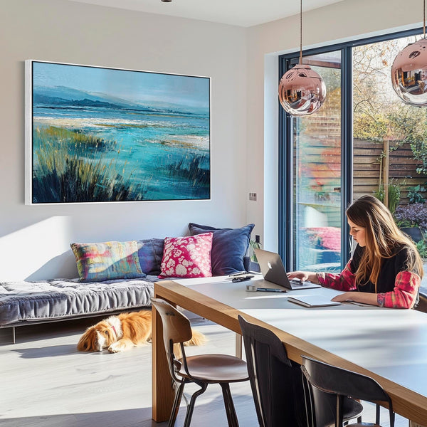 Living Room Framed Wall Art on Canvas - Teal Lounge Landscape