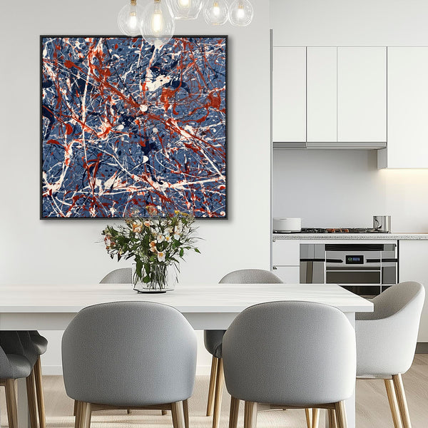Living Room Framed Canvas Abstract Jackson Pollock Style Blue