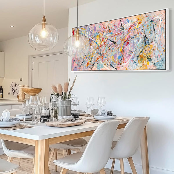 Wide Awake Bright Bedroom with Abstract Colourful Wall Art