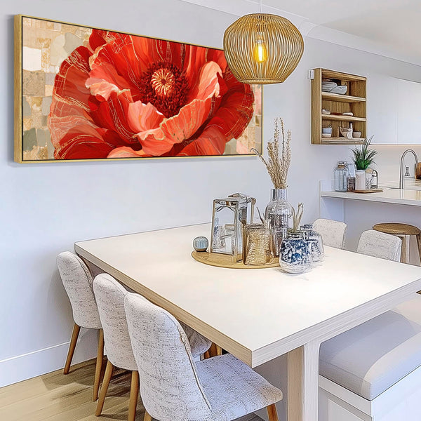 Wide Red Gold Cream Floral Bedroom Framed Canvas for Over bed