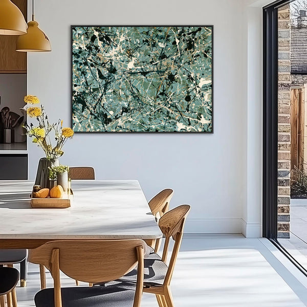 Living Room Framed Canvas - Jackson Pollock Style - Sage Green