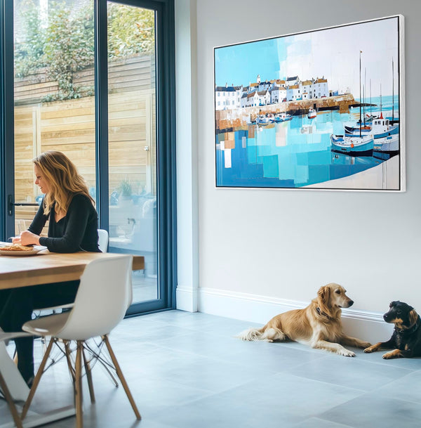 Kitchen Canvas Wall Art - Framed Cornish Coastal Artwork in Blue