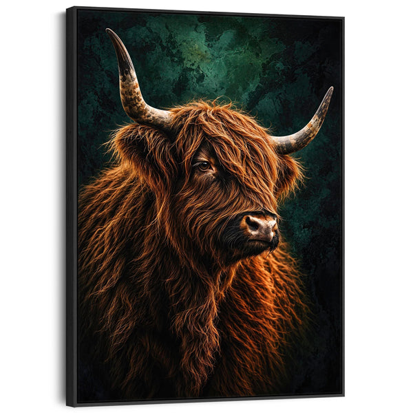 Dougal - Highland Cow - Copper & Teal Green Framed Canvas Print