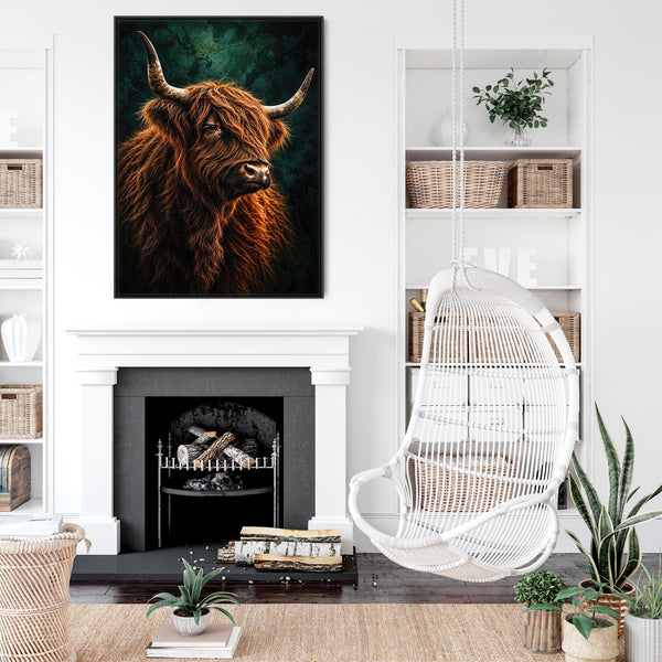 Dougal - Highland Cow - Copper & Teal Green Framed Canvas Print