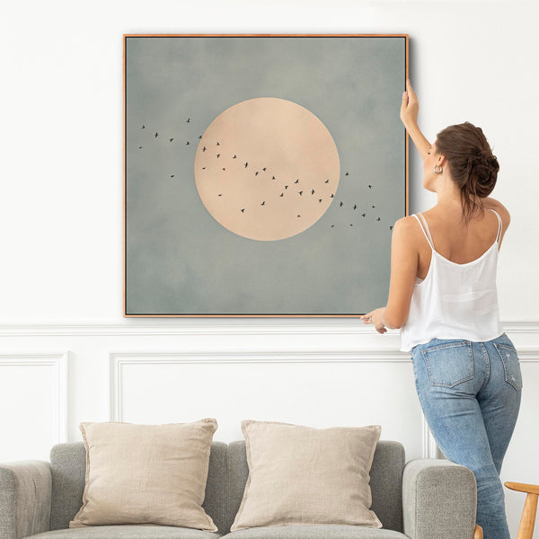 Framed Duck Egg Blue Japandi Canvas Wall Art Moon Birds