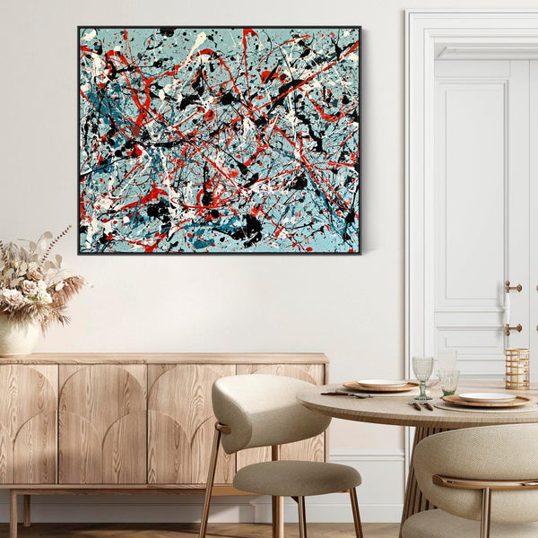 Framed Abstract Canvas Duck Egg Blue Jackson Pollock Style Art