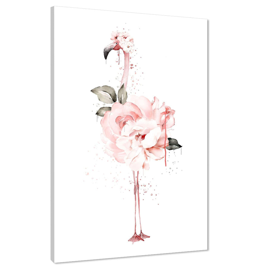 Flamingo with Flowers Canvas Wall Art Picture - Pink