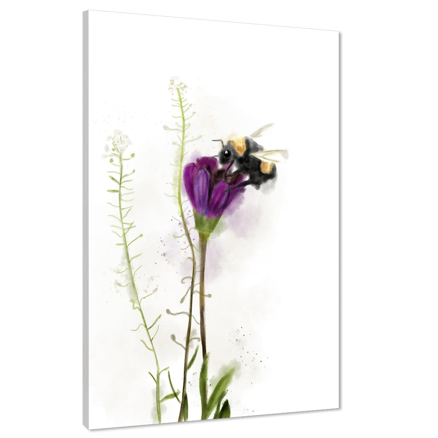 Purple Green Bumble Bee and Flower Floral Canvas Art Prints