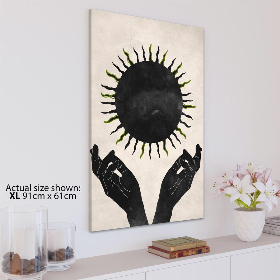 Black Cream Figurative Green Sun Canvas Wall Art Print