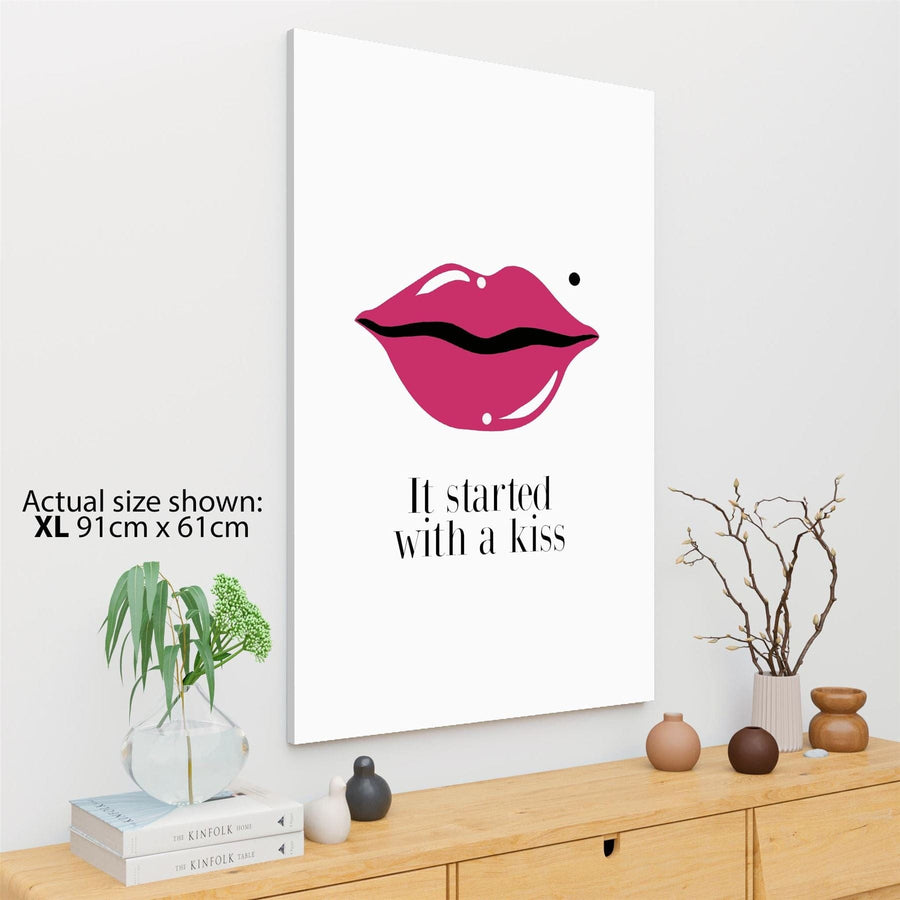 It Started With A Kiss Lips Word Art - Typography Canvas Print Pink Black