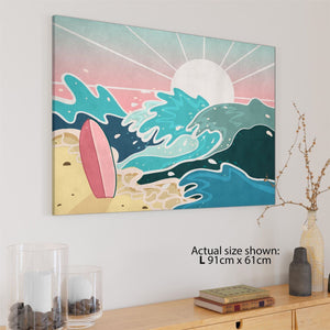 Surfboard Beach Waves Sun Retro Canvas Art Prints Blue Pink Yellow