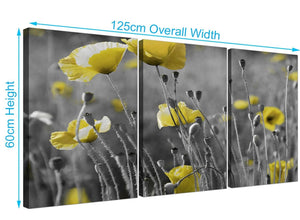 Modern Yellow Grey Poppy Flower - Poppies Floral Canvas - 3 Set - 125cm - 3258