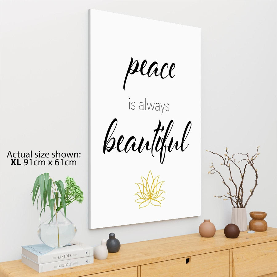 Peace is Always Beautiful Quote Canvas Wall Art Picture Black and White Yellow