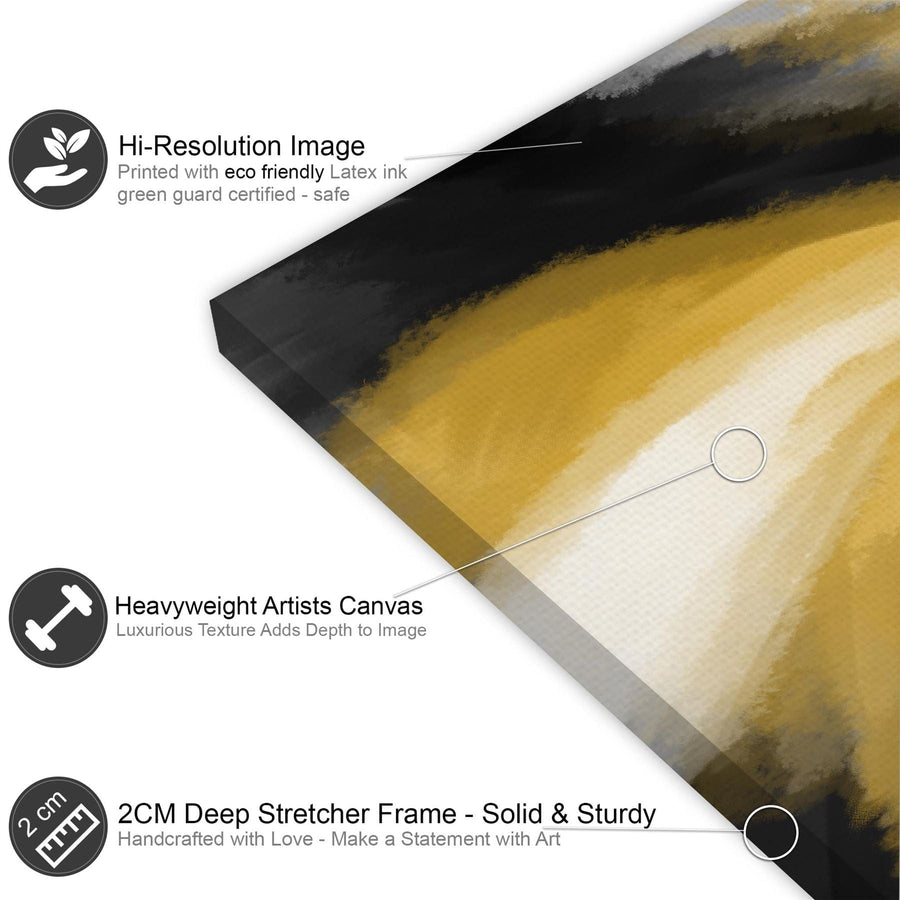 Abstract Black and White Yellow Watercolour Brushstrokes Canvas Wall Art Print