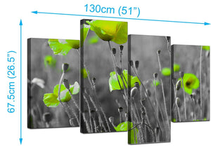 Lime Green Poppies Flower Grey Black Floral Canvas - 4 Panel Set - 130cm - 4138